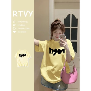 「RTVY」Áo thun Cotton ngắn tay nguyên chất in sọc Oversize dáng rộng thường ngày