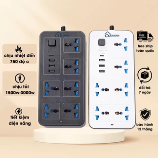 Ổ cắm điện đa chức năng chính hãng với 3 cổng USB sạc nhanh 15v, 1 loại c, chống cháy, chịu tải 1500W đến 3000W, nhựa pp