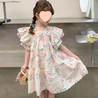 2-12 Tuổi Phong Cách Hàn Quốc Đầm Cho Bé Gái Thiết Kế Hoa Dễ Thương Ruffle Tay Công Chúa Mùa Hè Đầm Cho Trẻ Em