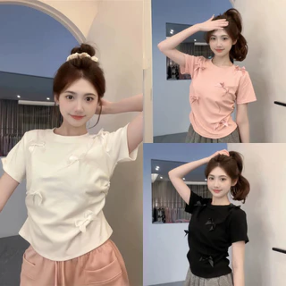 [Zestiva] Tay Ngắn áo thun nữ form rộng Cổ Tròn Retro Bigsize cotton Hàn Quốc áo thun đính nơ