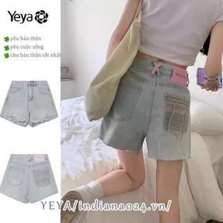 Yeya Quần short nữ Mỹ retro quần short denim cạp cao viền thô thêu chữ A Quần ngắn ống rộng