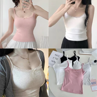 Gjcute Áo Hai Dây Viền Ren Đính Nơ Vải Thun Gân Mềm Mại Thoáng Mát Ngọt Ngào Dễ Thương Sling Top