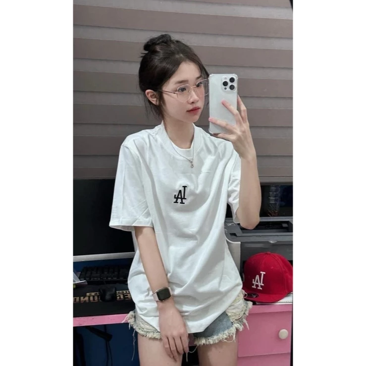 ROEMO trắng fashion áo thun local brand nữ form rộng cổ tròn logo in hinh 100% cotton áo phông-J0094