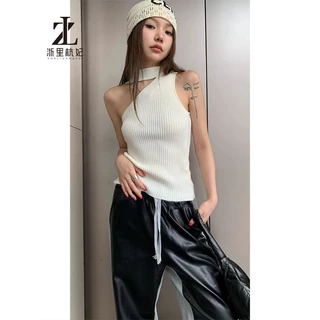 ZHELIHANGFEI Áo Croptop Tank Top Một Dây Cổ Cao Phong Cách Retro Và Sang Trọng Cho Nữ