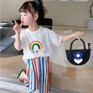 WOMA đồ bộ bé gái Bộ đồ bé gái cầu vồng cotton nguyên chất áo thun ngắn tay quần dài vừa phải Bộ đồ hai mảnh