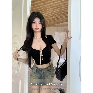 Xiaozhainv Hàn Quốc gợi cảm cô gái gia vị cổ chữ V dây đeo ngắn tay Áo thun nữ