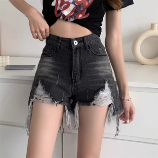 Mỹ Retro Đen Xám Denim Quần Short Nữ Mùa Hè 2024 Phong Cách Mới Kích Thước Lớn Raw Edge Cao Cấp Eo Mỏng Hơn Nhìn Rách Quần Nóng