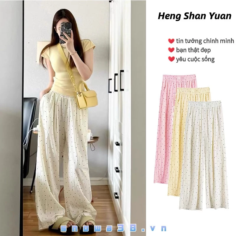 Heng Shan Yuan Quần ống rộng nữ cạp cao dáng rộng và xếp nếp quần đi bộ thông thường