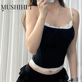 Mushihuiáo khoác nữ mùa hè Áo hai dây không tay spaghetti dây đeo vai ren trang trí vest GM2451ONB