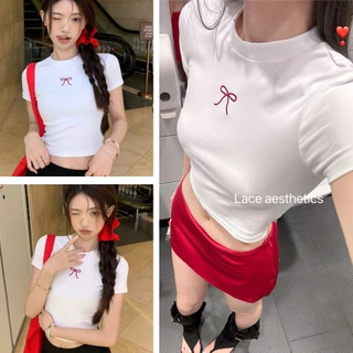 Áo thun nơ mùa hè Crop ngắn Top gợi cảm Hot Girl Áo thun ngắn tay Slim-fit