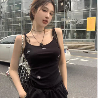 ✨Áo crop top đen phong cách Y2K Babes mùa hè thêu nơ Camisole