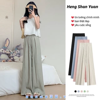 Heng Shan Yuan Quần ống rộng xếp li nữ mỏng xếp nếp họa tiết ống thẳng quần dáng rộng giảm béo quần thường ngày