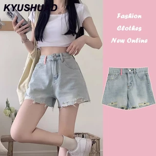 Kyushuad Quần short denim thẳng viền thô dành cho nữ thêu mùa hè Quần ống rộng chữ A hot