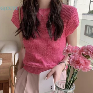 Áo Croptop Dệt Kim Màu Trơn Cổ Tròn Thời Trang Mùa Hè Cho Nữ Áo Sweater Ngắn