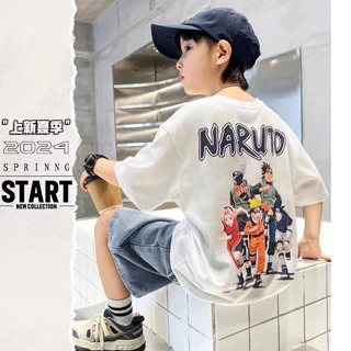 Cotton Nguyên Chất Tay Ngắn Vừa Lớn Quần Áo Trẻ Em Preppy ins Phong Cách Naruto Áo Thun Phiên Bản Hàn Quốc Hoạt Hình Top