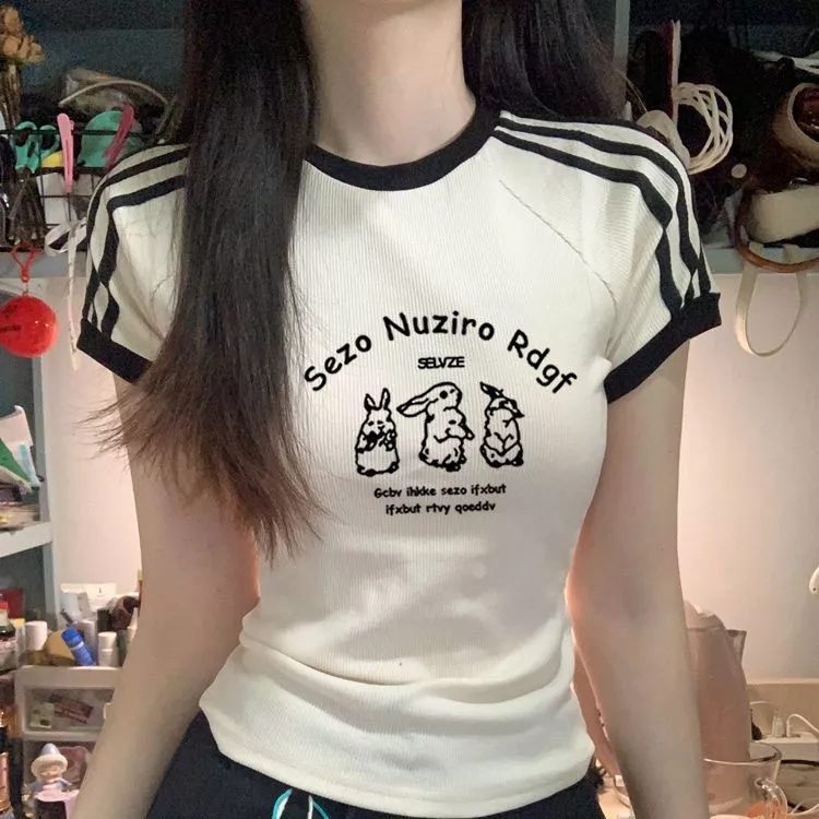 Áo thun nữ cổ tròn Vai cotton in ấn in hoạt hình