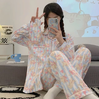 helloKitty đồ pijama nữ Mới Dễ Thương Sọc Mèo Bộ Đồ Ngủ Nhà Quần Áo Dài Tay Bộ Mùa Hè Mới In Hình Hoạt Hình Quần Áo Gia Đình Có Thể Mặc Bên Ngoài