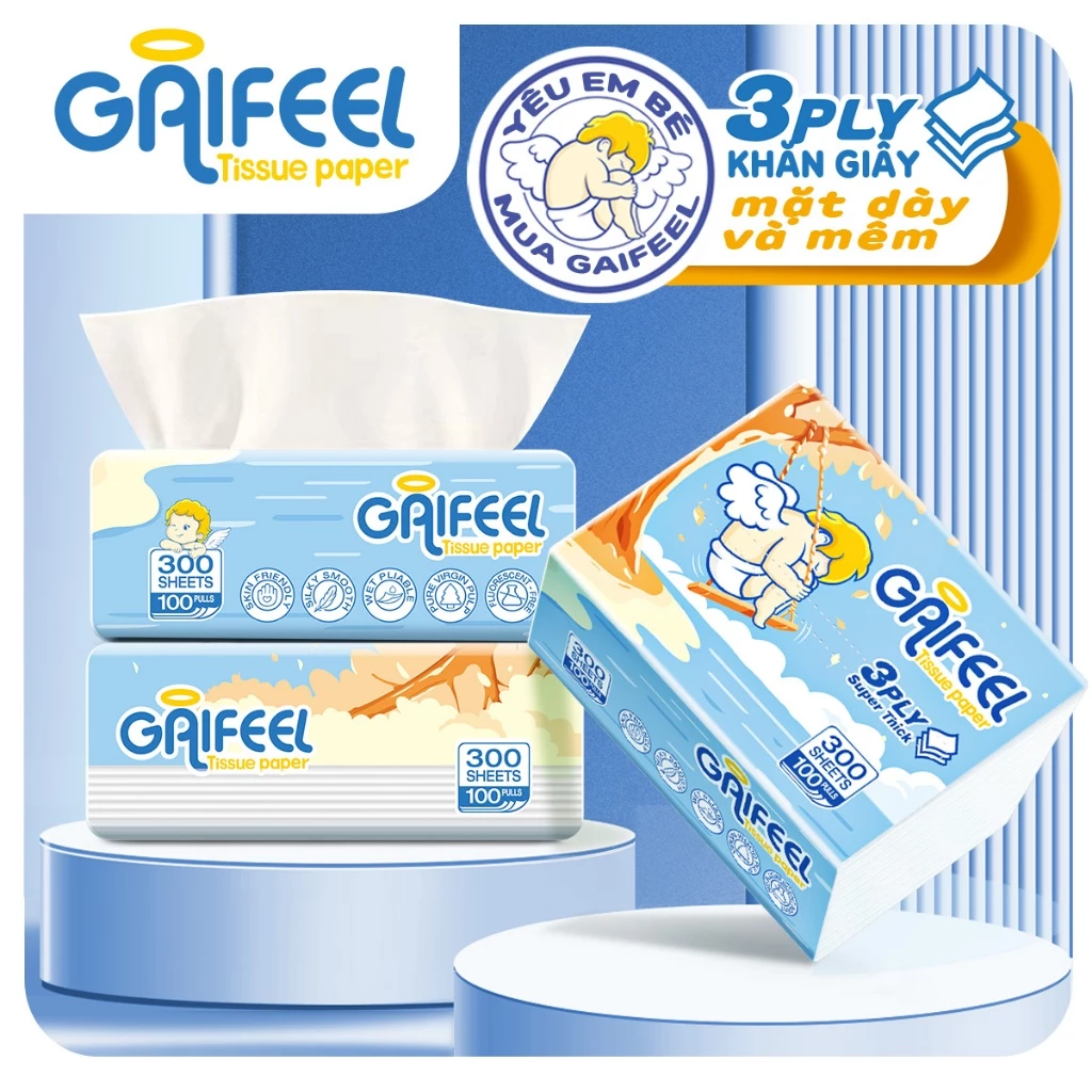 GAIFEEL Giấy ăn mềm mịn thấm hút tốt 1 Gói/300 tờ 3 lớp