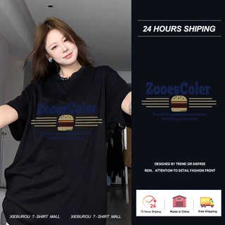 XIEBUROU 100% cotton Áo phong cách Ulzzang Hamburger In chữ trắng bigsize áo cổ tròn retro tay ngắn unisex áo thun