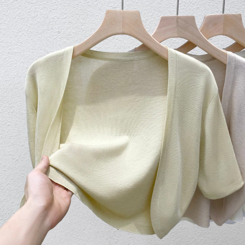 YAYUAN Áo len ngắn tay Cardigan nữ màu đen