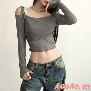 Áo Crop top lệch vai dành cho nữ Dây buộc Áo thun dài tay lưới xếp nếp