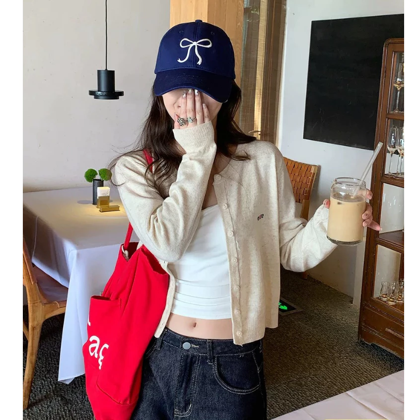 YAYUAN Dài tay đan cardigan vòng cổ màu mơ