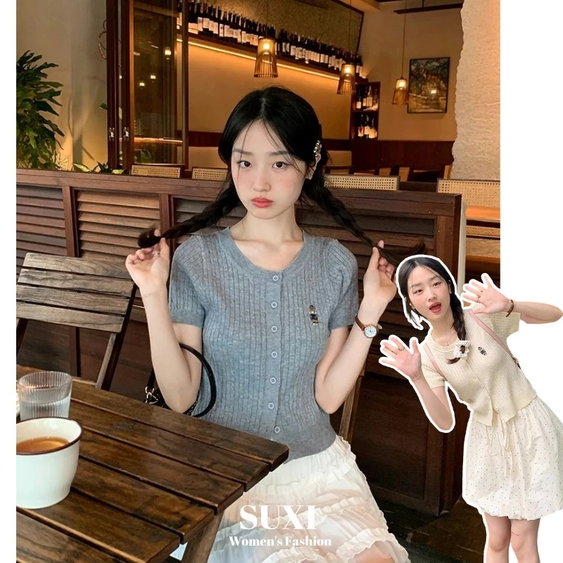 Suxi Áo thun dệt kim cổ tròn tay ngắn thời trang tối giản mùa hè mới 240515