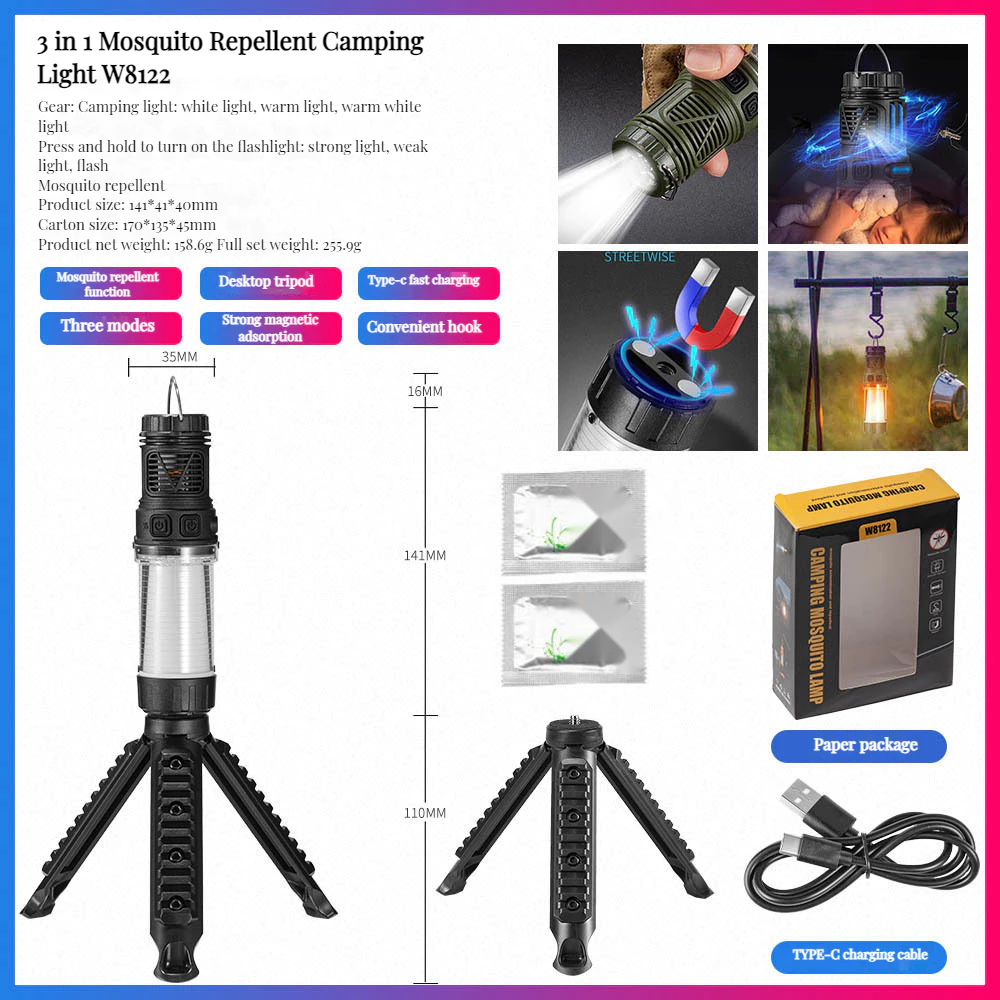 Đèn LED chống muỗi nâng cấp đa chức năng Đèn cắm trại Type-C sạc di động hút từ tính quà tặng chân máy cắm trại ngoài trời đèn lều