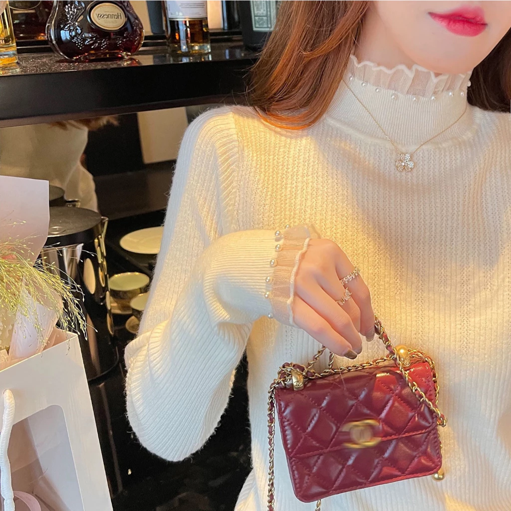 YAYUAN Áo len cổ giữa cho phụ nữ ren lót màu mơ
