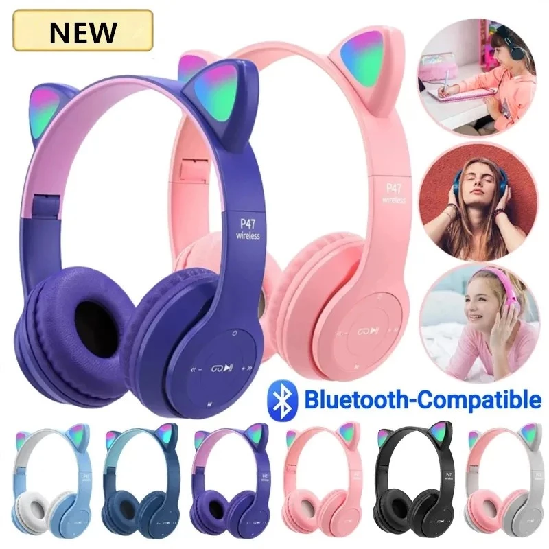 Tai Nghe Mèo Bluetooth P47M Chụp Tai, Tai Mèo Dễ Thương Có Mic, Âm Bass Mạnh Mẽ Nghe Nhạc Hay