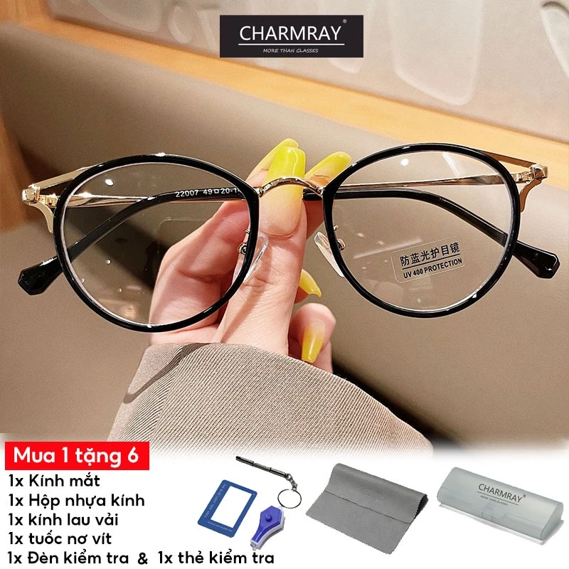 Charmray Thời Trang Chống Ánh Sáng Xanh Kính Mắt Dành Cho Nữ Khung Tròn Vintage Kim Loại Kính Mắt Có Thể hoán Đổi Ống Kính