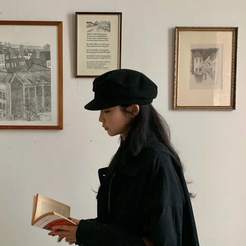 Len Đen Hải Quân Hình Bát Giác Mũ Nữ Anh Retro Thu Đông Mũ Phẳng Top Họa Sĩ Mũ Newsboy Mũ Beret