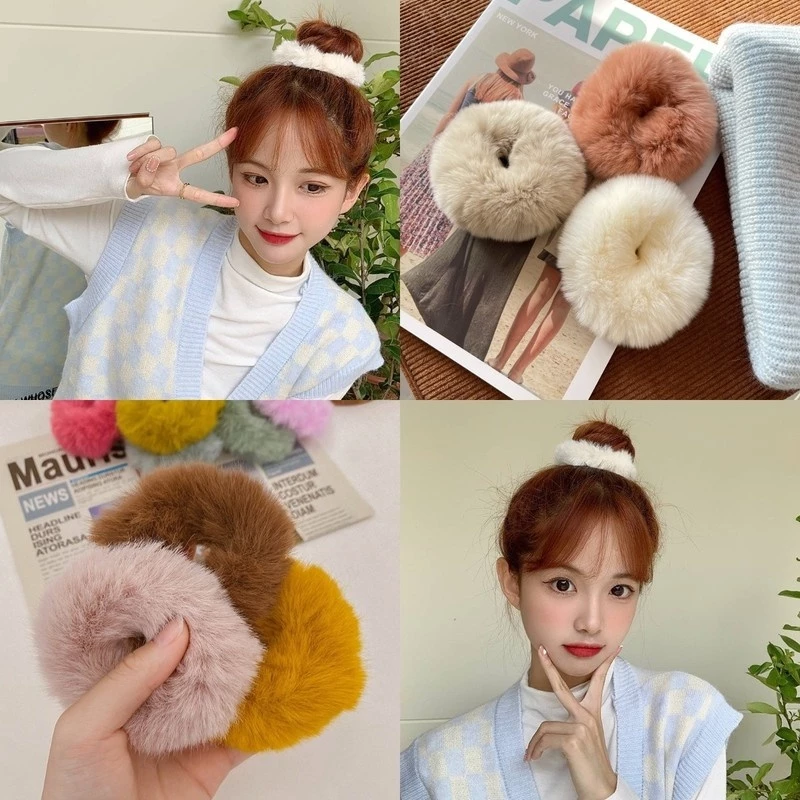 💕Dy💕Dây buộc tóc cao su co giãn phối lông nhung phong cách Nhật Bản retro thời trang xinh xắn cho nữ