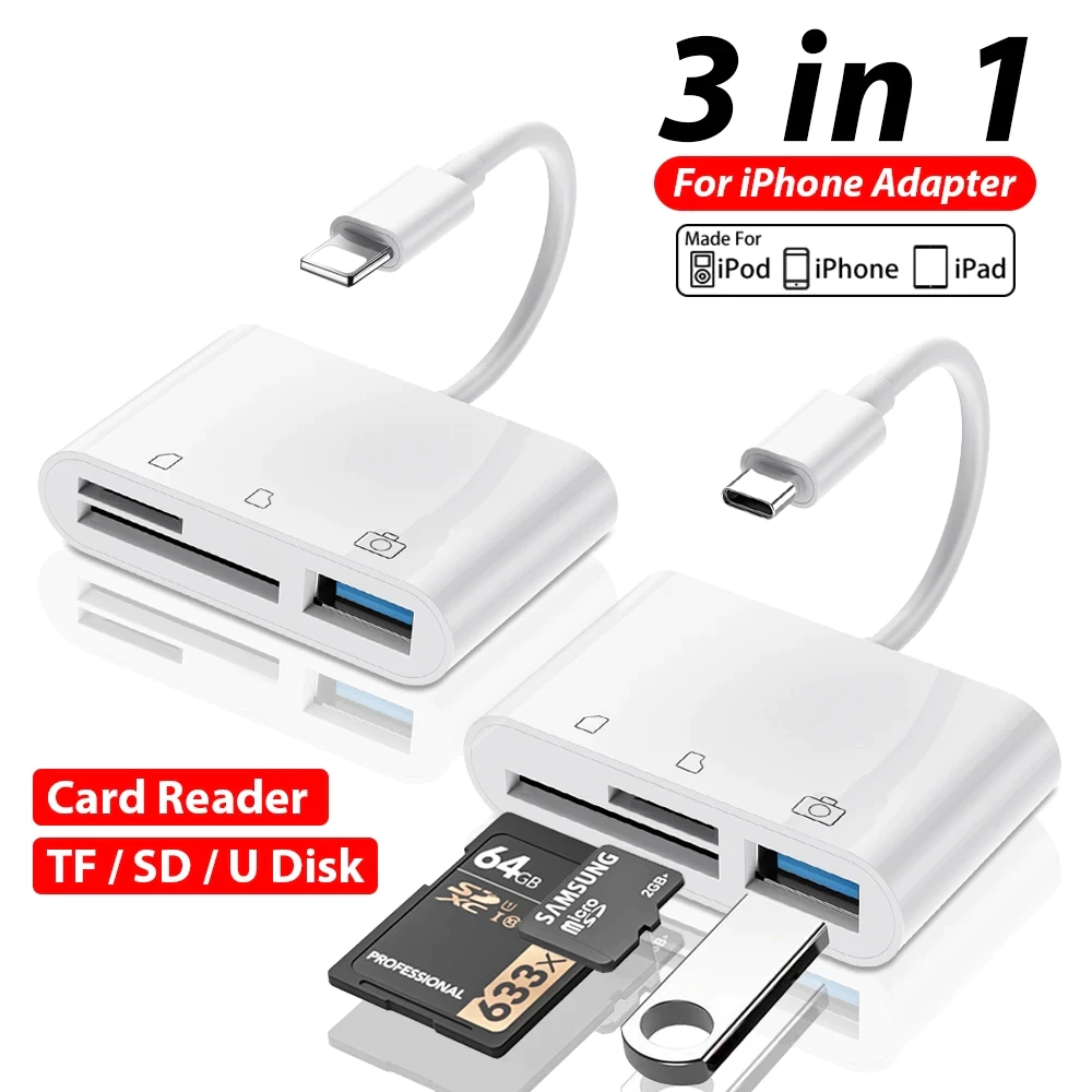 Bộ chuyển đổi trung tâm đa cổng 3 trong 1 Type-c Lig / ht / ning sang USB A Bộ chuyển đổi OTG Đầu đọc thẻ nhớ TF SD cho Ip / ho / ne Android và Laptop