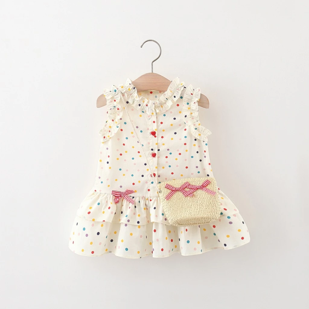 Váy bé gái mới mùa hè với áo vest không tay chấm bi đầy màu sắc, cổ ren và túi đựng giỏ tre làm quà tặng