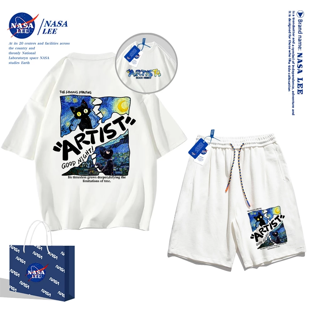 Áo thun ngắn tay Nasa mùa hè nam dáng rộng Quần Short Cotton hợp thời trang, nam nữ thể thao giản dị Phong cách đơn giản 2024 Phong cách mới