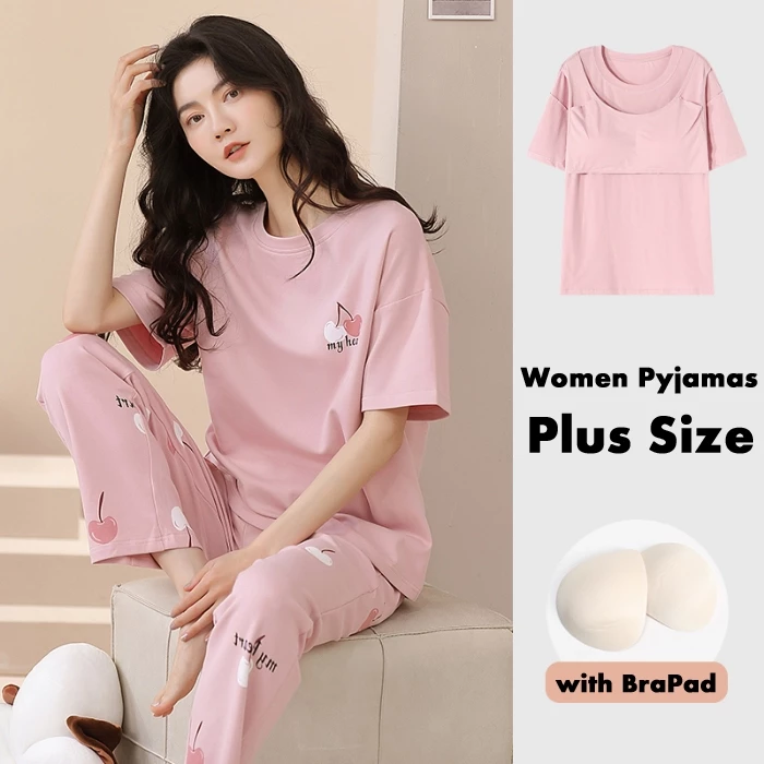 Bộ đồ ngủ nữ có sẵn Bộ đồ ngủ ngắn tay Bộ đồ ngủ cổ chữ O thoải mái dành cho nữ Bộ đồ cổ tròn in hình hoạt hình Bộ đồ mùa hè dành cho nữ