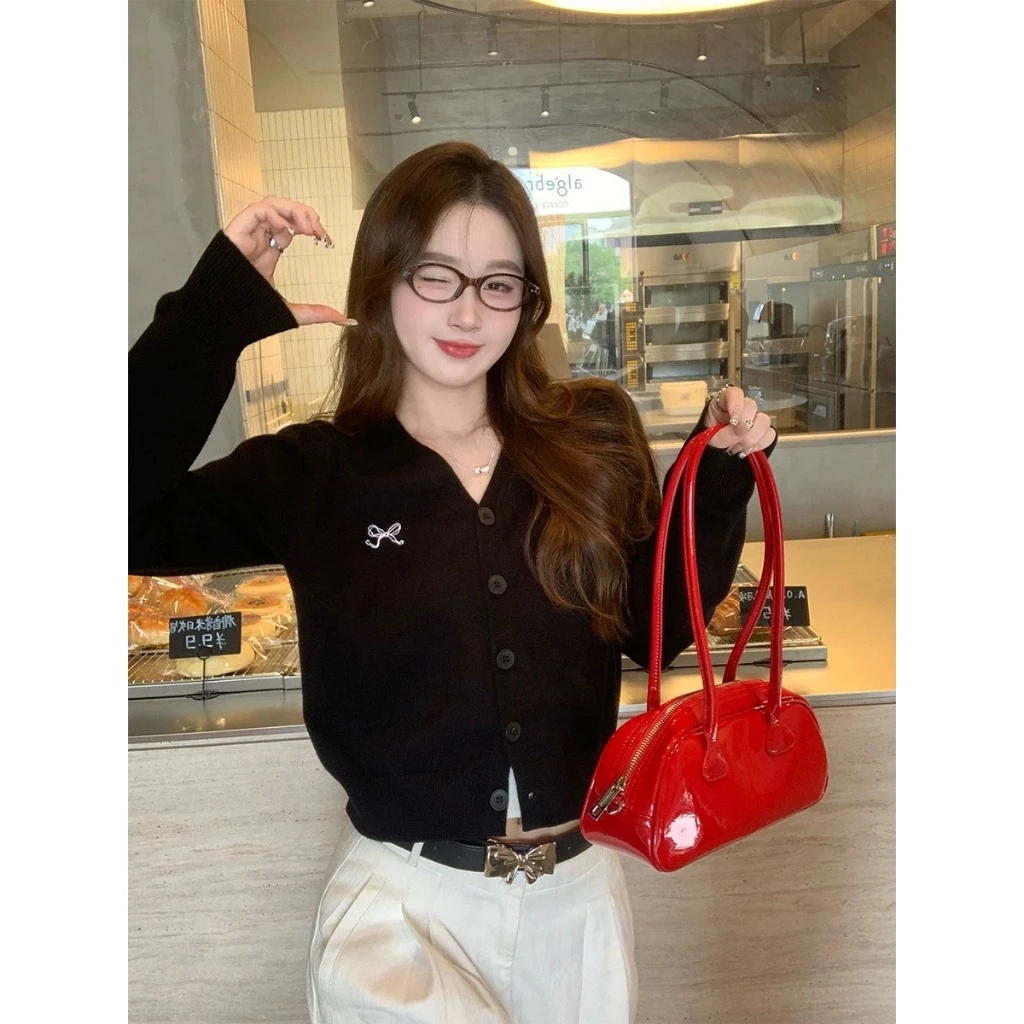 YAYUAN Ngắn đan cardigan nữ mỏng hơn V-cổ đen
