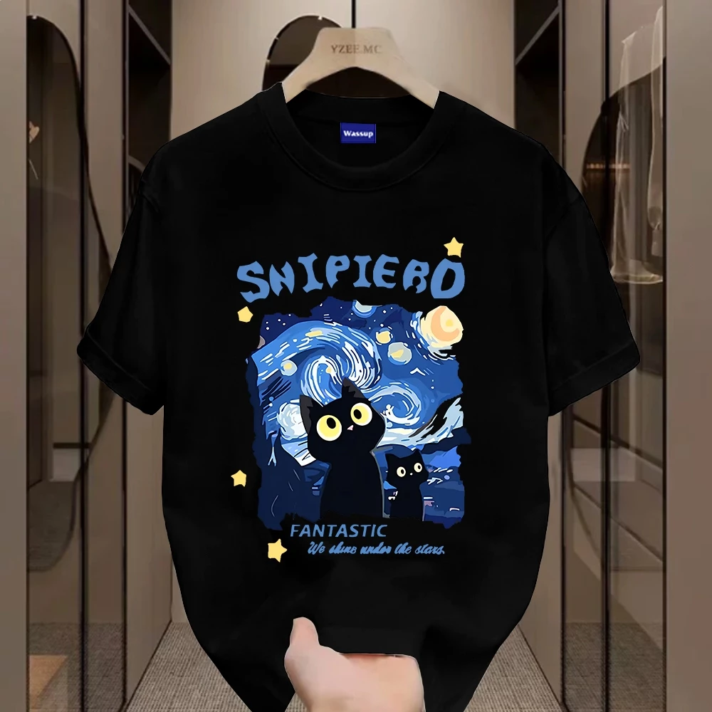 ✨Hàng có sẵn✨WASSUP Starry Sky Cat-Áo thun nam mới! cotton, thời trang, Unisex