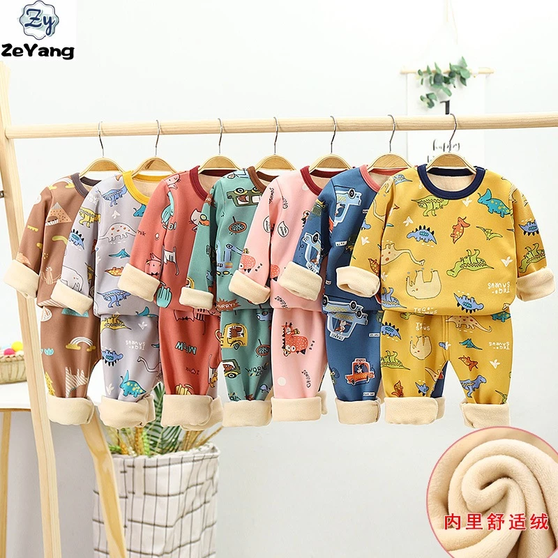 Bộ Đồ Ngủ Tay Dài Chất Nỉ Dày Dặn Giữ Ấm Mùa Thu Đông Cho Bé Kích Thước 80-150cm