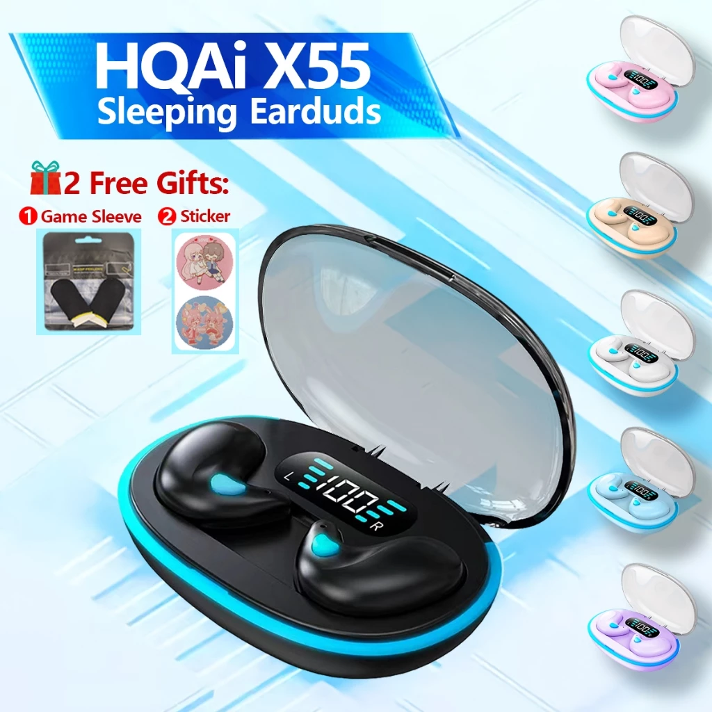 Tai nghe HQAi X55 + Quà tặng miễn phí Tay áo trò chơi + Miếng dán Tai nghe pin dài không dây Bluetooth Tai nghe chống nước Khử tiếng ồn Tai nghe âm thanh Hi-fi cho tất cả các điện thoại