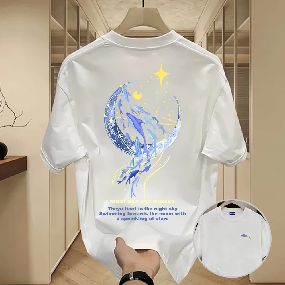✨Hàng có sẵn✨WASSUP Blue crescent moon flying fish-Áo thun nam mới! cotton, thời trang, Unisex