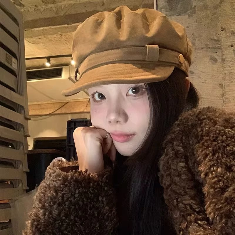 Mùa Thu Phong Cách Mới Retro Phong Cách Anh Quốc Newsboy Mũ Nữ Da Lộn Cao Cấp Mũ Hình Bát Giác Mặt Nhỏ Mũ Họa Sĩ Thời Trang