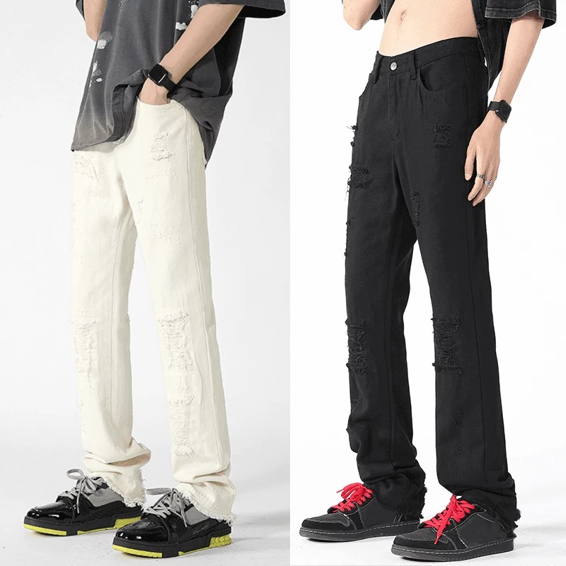 K-JEANS Quần jean nam ống rộng rách gối, jean ống suông form rộng nút dây kéo quần bò đen trơn boy phố chất vải cao cấp rách gối  thời trang menswear Mỹ retro hippop style