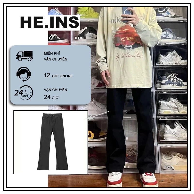 HEINS Quần jean ống rộng màu đen,quần dài nam,quần bò ngố nam,quần jean loe đen quần ống loe cạp cao quần jean ống đứng