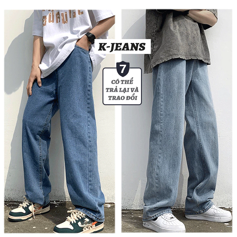 K-JEANS Quần jean nam ống suông, cao cấp quần bò nam ống rộng, màu xanh form rộng  quần baggy nam nữ unisex, thời trang retro boy phố menswear hàn quốc top xu hướng