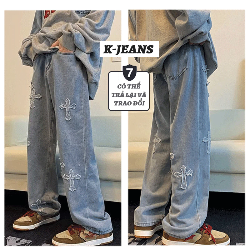 Quần jean dài nam xanh đen quần bò nam ống rộng thêu chữ thập cao cấp jean baggy mềm vải denim Phong Cách hàn quốc thời trang hiphop đường phố hot trend