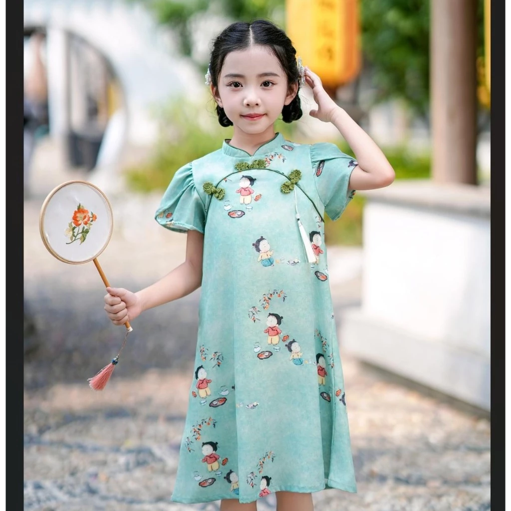 Bé gái sườn xám retro công chúa trẻ em trung và lớn phong cách dân tộc in hình váy Trung Quốc mùa hè mỏng