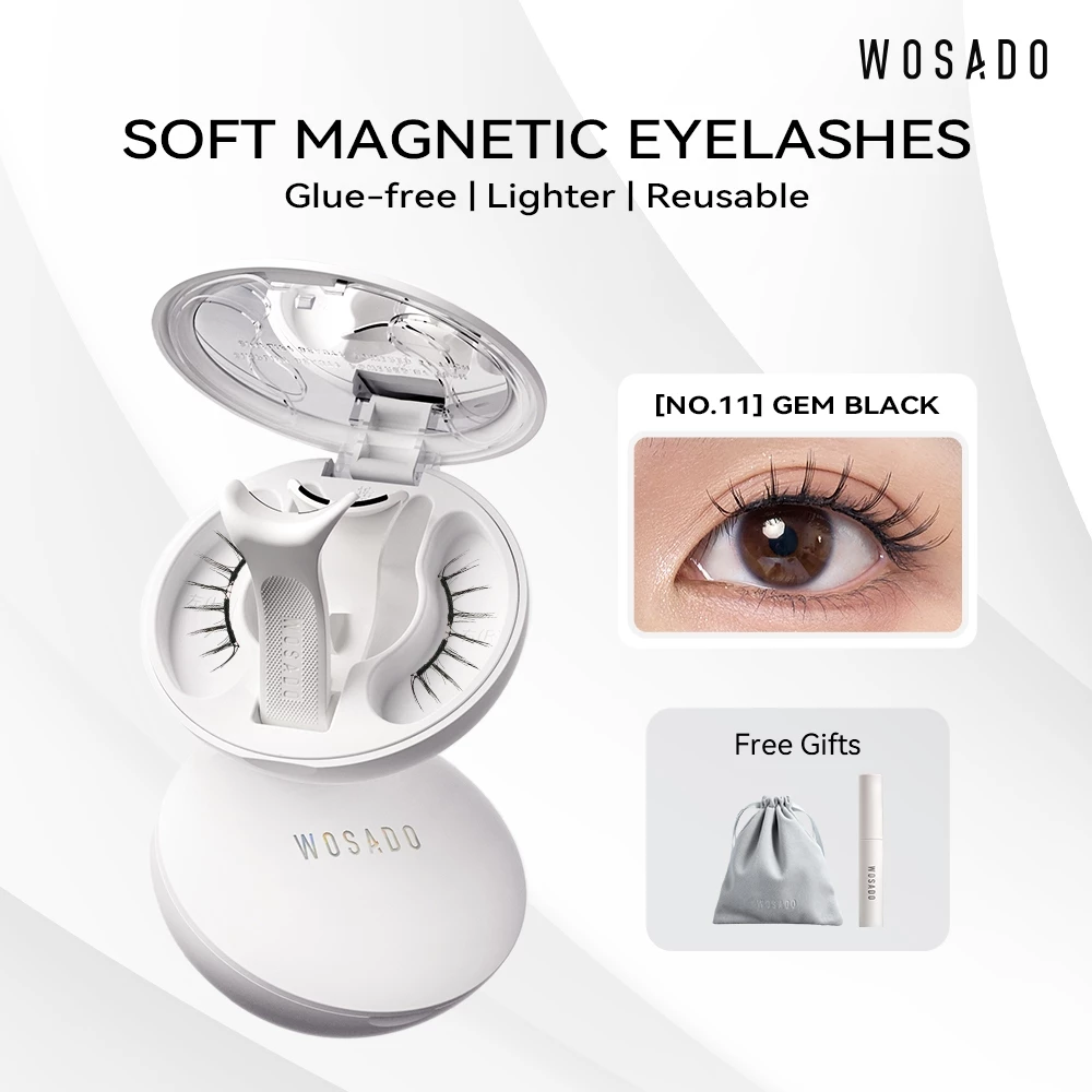 Wosado Bộ mi nam châm có thể tái sử dụng No.11 GEM BLACK Chuyên nghiệp Chất lượng cao cấp An toàn Dupont 3D Lông mi giả Không có keo Trang điểm kiểu Hàn Quốc tự nhiên