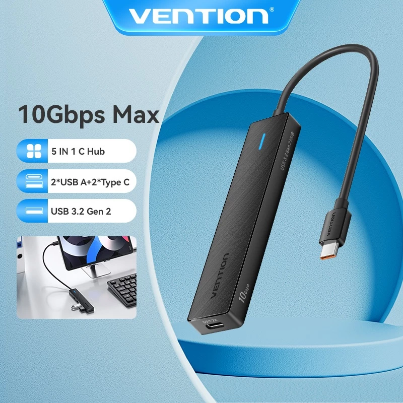 Vention 5 trong 1 C Hub 10Gbps USB 3.2 Gen 2 USB-C sang Type-A x 4 / USB-C Hub cho Windows / MacOS / LinuX